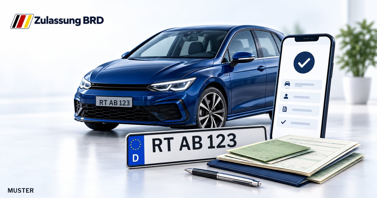 Online Fahrzeugzulassung in Bad Urach: Musterkennzeichen RT AB 123, Auto und Fahrzeugpapiere und Smartphone. Illustration mit Logo von Zulassung BRD.